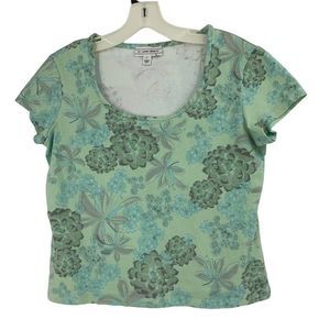 Womens St John Sport Small Green Floral Top T-Shirt Cap Sleeve Scoop 0529